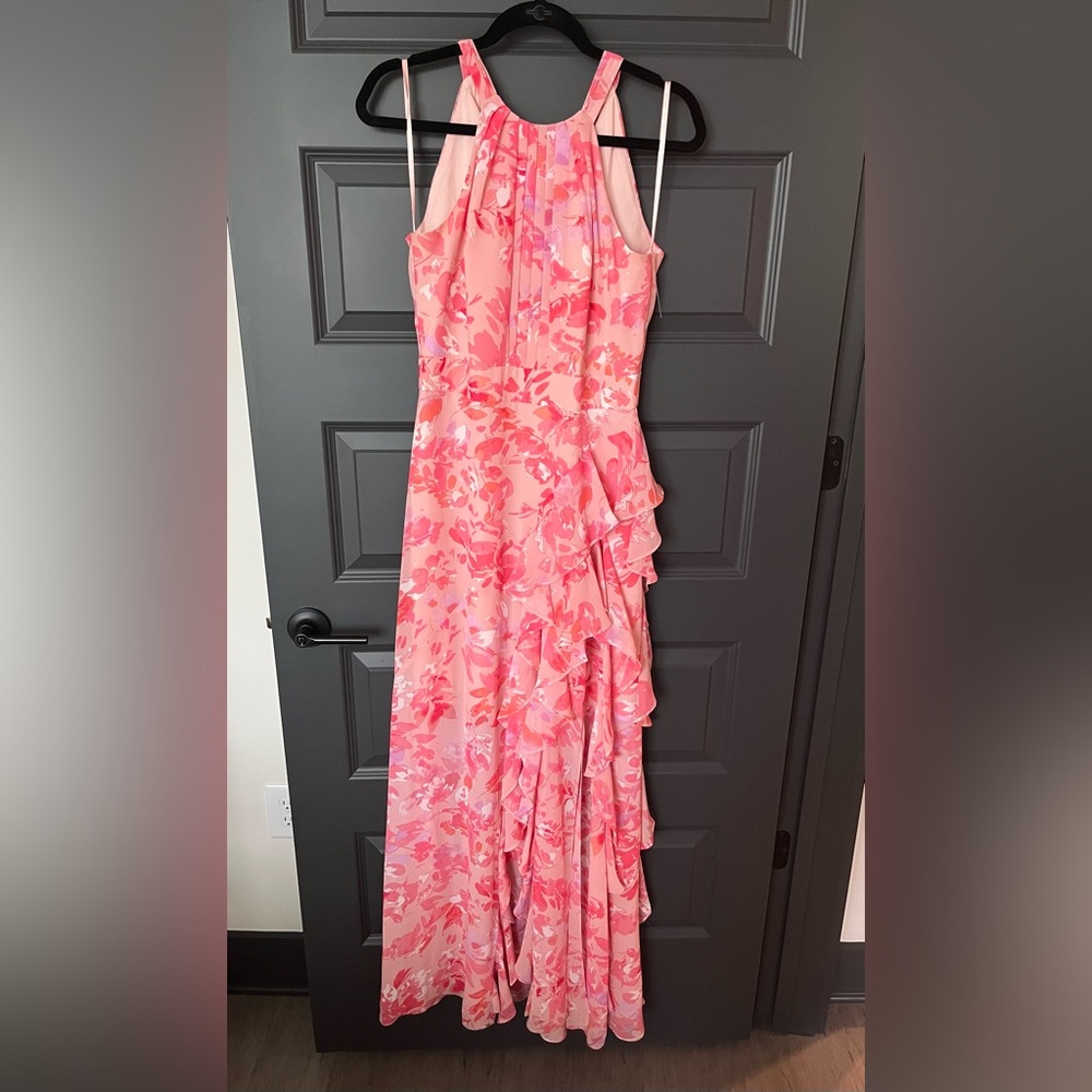 Eliza J Pink & Orange Floral Print Asymmetric Ruffle Sleeveless Maxi Dress